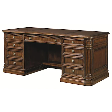 Traditional Double Pedestal Desk with Leather Top and Drop-Front Keyboard Drawer
